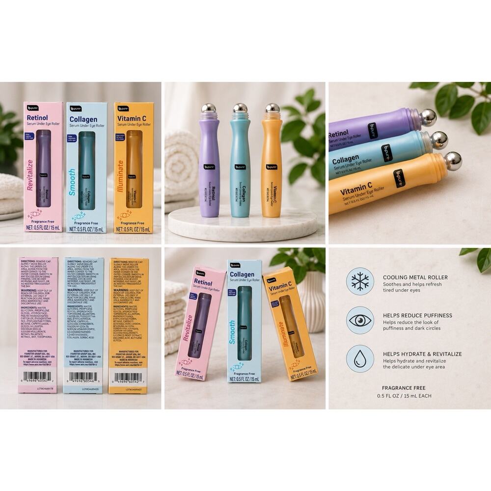 Lot of 3 b•pure Retinol, Collagen, & Vitamin C Under Eye Roller Serum 0.5 fl oz